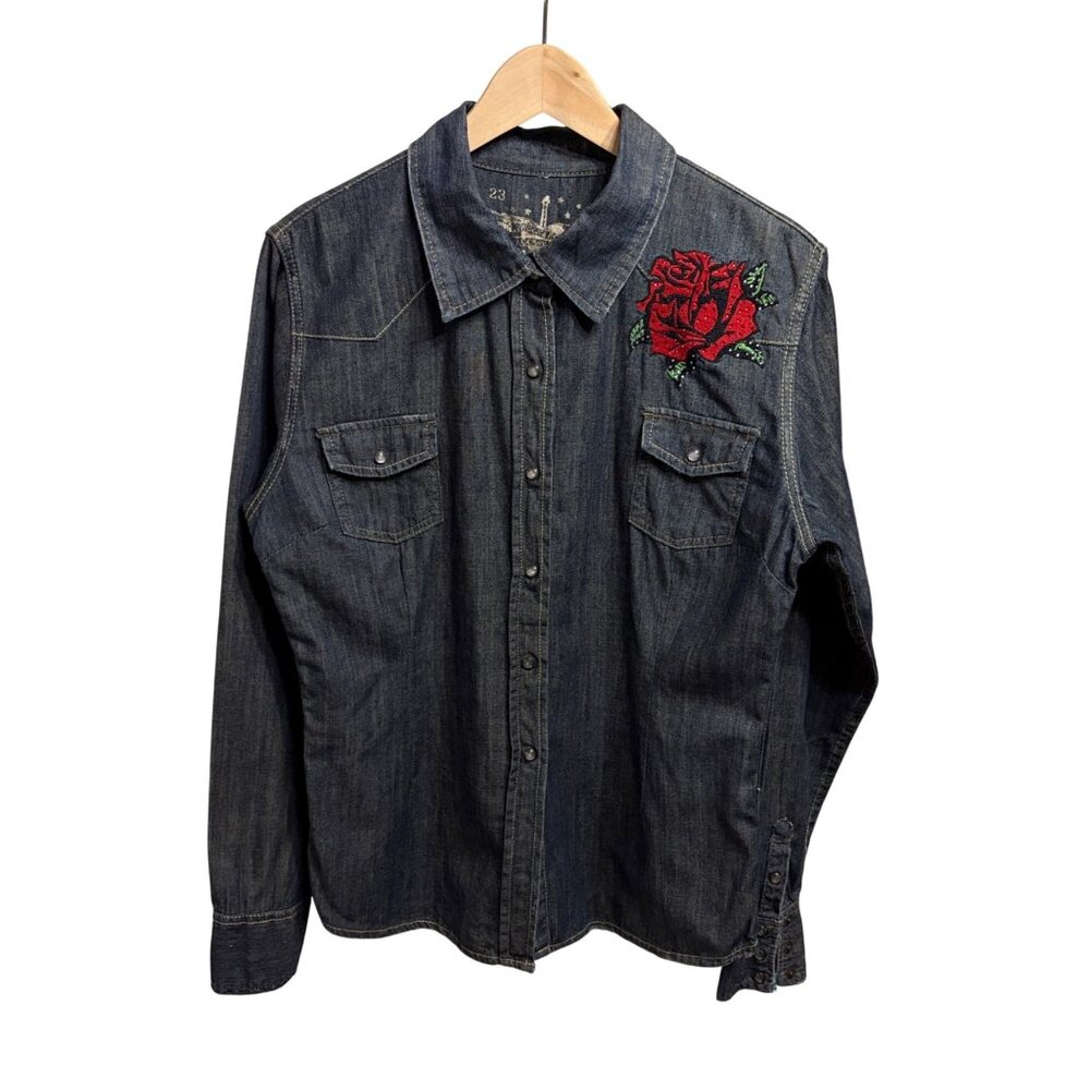 Rock & Roll Cowgirl Blue Jean Denim Shirt Red Roses Embroidered‎ Sz M Coastal